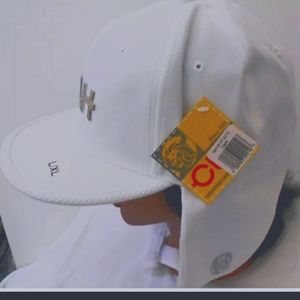 White fitted hat with ear flaps